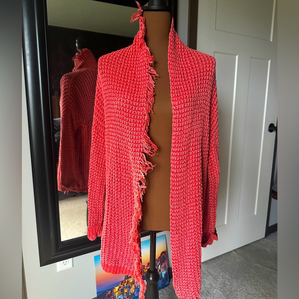 Free People III Be Around Coral Orange Fringe Trim Knit Cardigan Size S -A